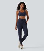 Camo Print High Waisted Drawstring Yoga Leggings with Pockets — Navy Camo — view 7