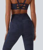 Camo Print High Waisted Drawstring Yoga Leggings with Pockets — Navy Camo — view 5