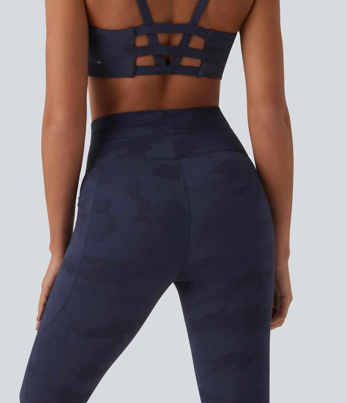 Camo Print High Waisted Drawstring Yoga Leggings with Pockets — Navy Camo — view 5