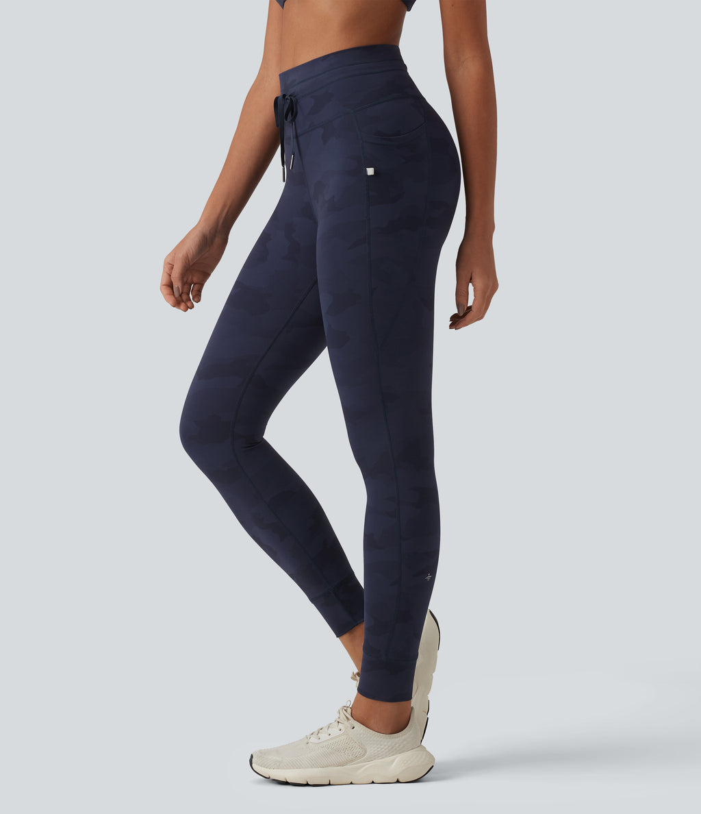 Camo Print High Waisted Drawstring Yoga Leggings with Pockets — Navy Camo — view 1