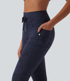 Camo Print High Waisted Drawstring Yoga Leggings with Pockets — Navy Camo — view 4