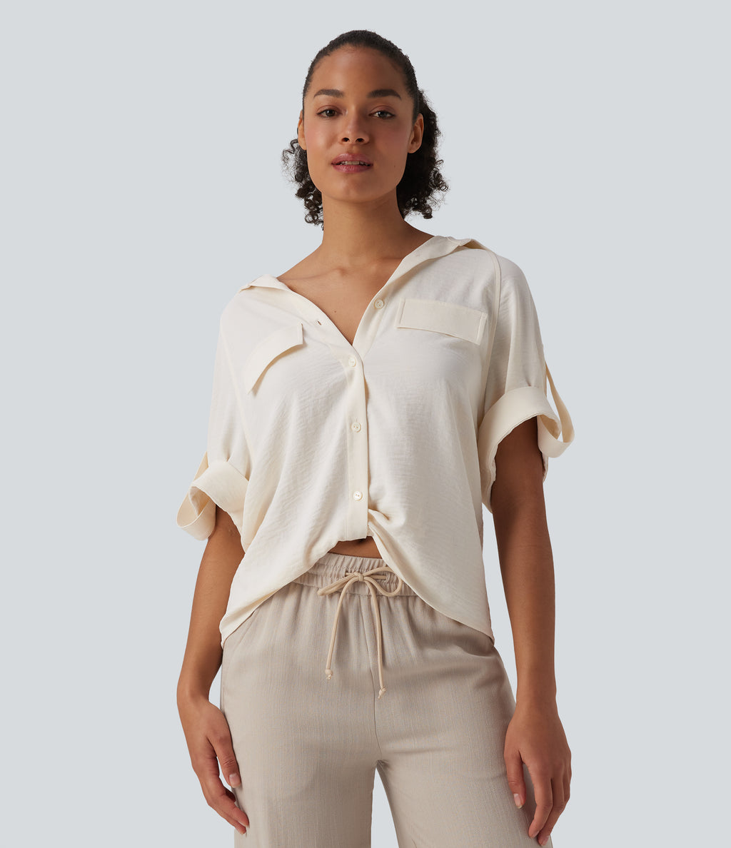 Short Sleeve Casual Linen-Feel Shirt — Whisper White — view 1