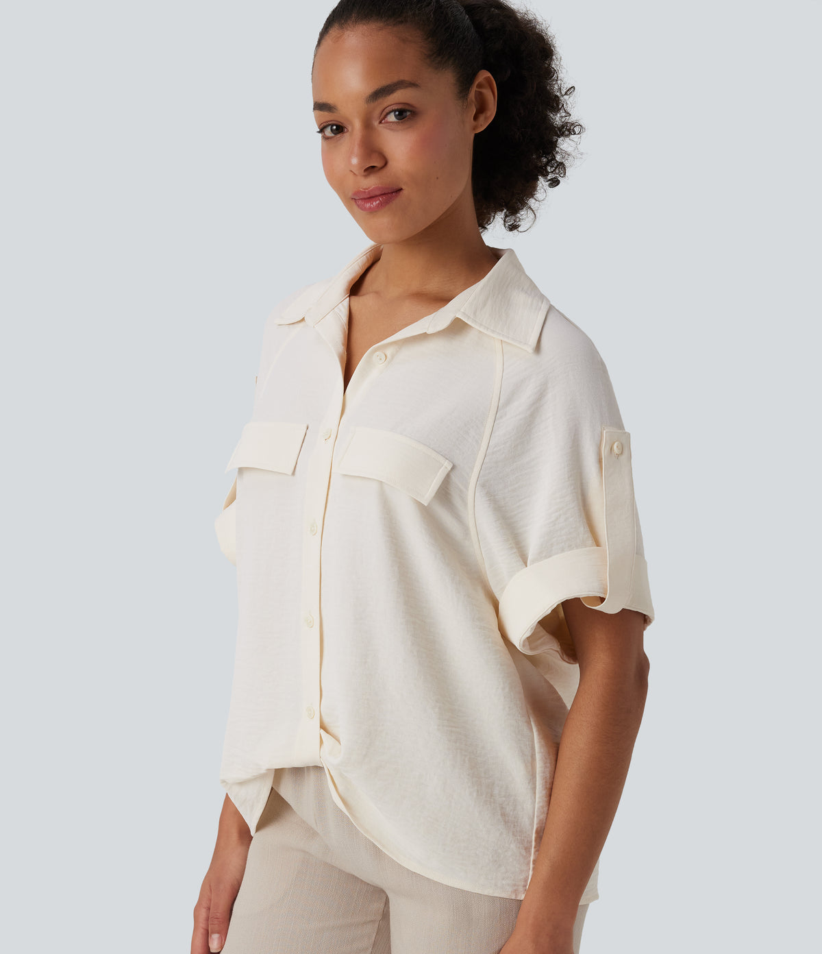Short Sleeve Casual Linen-Feel Shirt — Whisper White — view 4