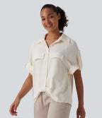 Short Sleeve Casual Linen-Feel Shirt — Whisper White — view 3