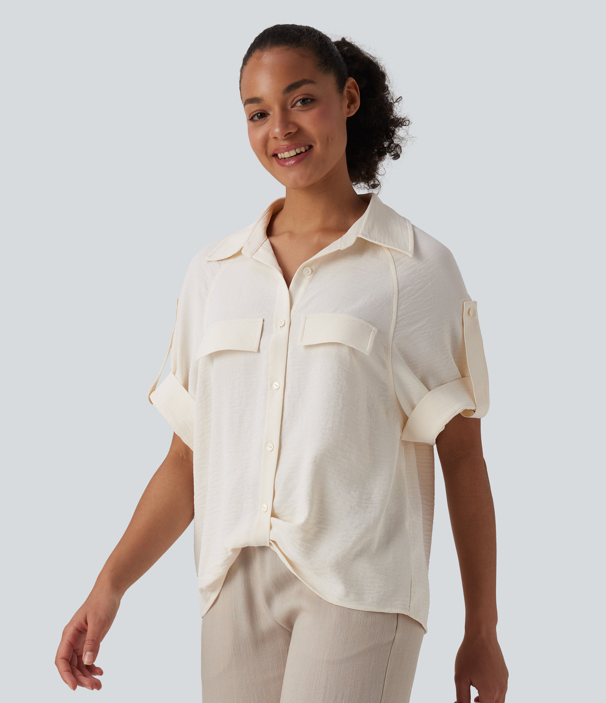 Short Sleeve Casual Linen-Feel Shirt — Whisper White — view 3