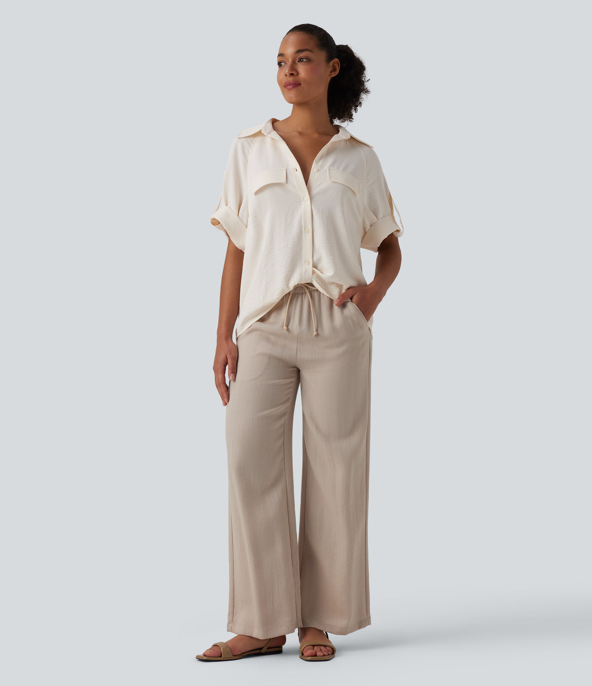 Short Sleeve Casual Linen-Feel Shirt — Whisper White — view 6