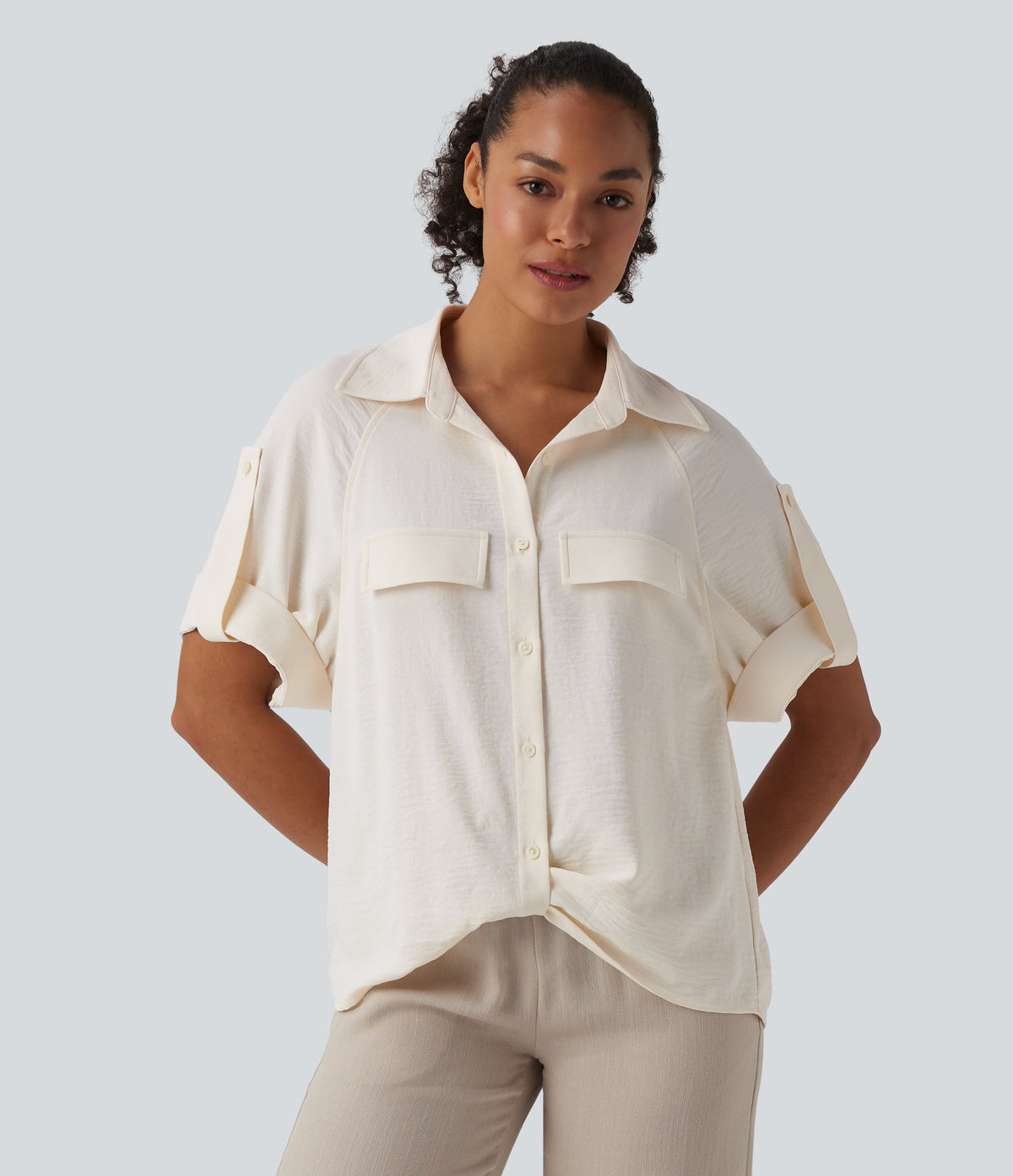 Short Sleeve Casual Linen-Feel Shirt — Whisper White — view 5
