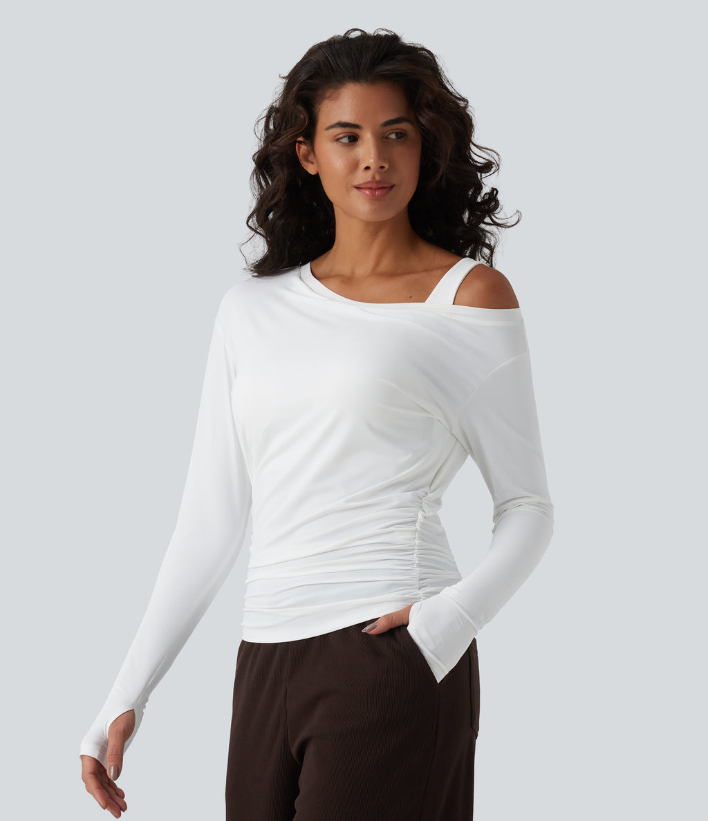 Built-in Bra One Shoulder Long Sleeve Thumb Hole Ruched InstantCool Workout Top-UPF50+ — White — view 4