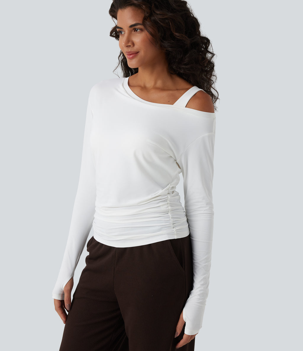 Built-in Bra One Shoulder Long Sleeve Thumb Hole Ruched InstantCool Workout Top-UPF50+ — White — view 6