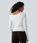 Built-in Bra One Shoulder Long Sleeve Thumb Hole Ruched InstantCool Workout Top-UPF50+ — White — view 2
