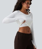 Built-in Bra One Shoulder Long Sleeve Thumb Hole Ruched InstantCool Workout Top-UPF50+ — White — view 1