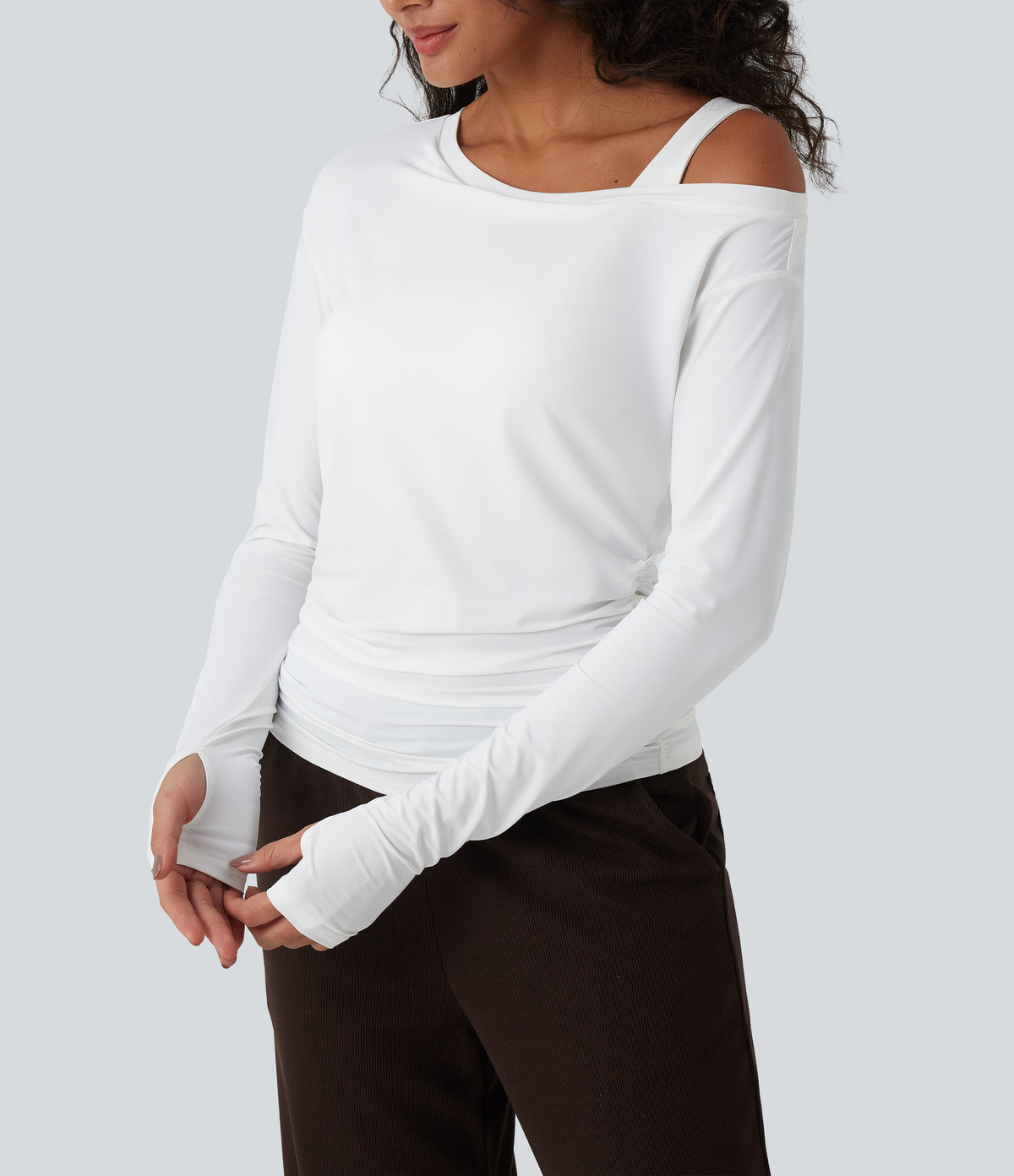 Built-in Bra One Shoulder Long Sleeve Thumb Hole Ruched InstantCool Workout Top-UPF50+ — White — view 5