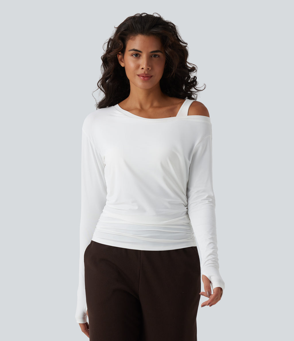 Built-in Bra One Shoulder Long Sleeve Thumb Hole Ruched InstantCool Workout Top-UPF50+ — White — view 3