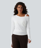 Built-in Bra One Shoulder Long Sleeve Thumb Hole Ruched InstantCool Workout Top-UPF50+ — White — view 3