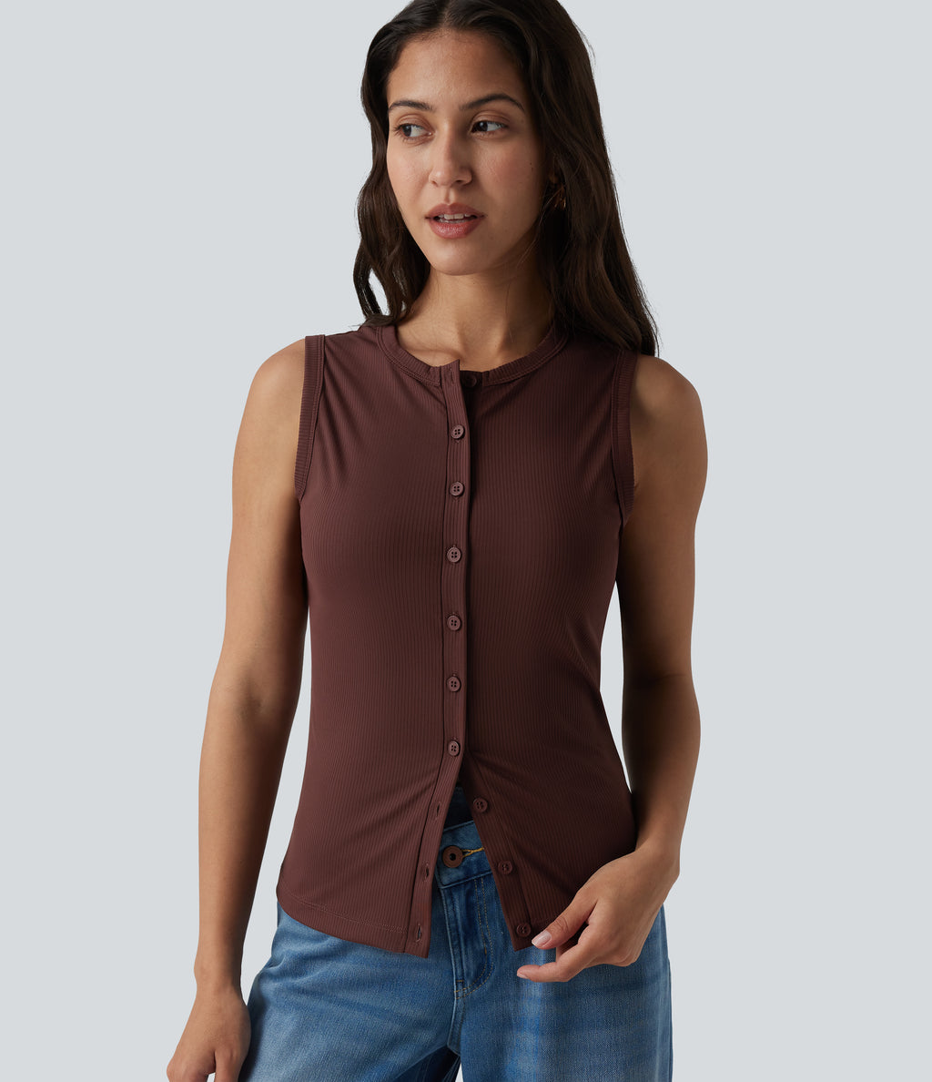 Ribbed Knit Round Neck Casual Tank Top-UPF40+ — Bitter Chocolate — view 4