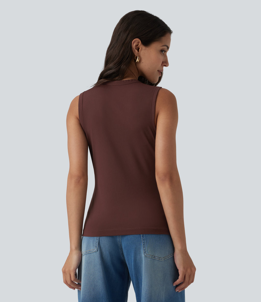 Ribbed Knit Round Neck Casual Tank Top-UPF40+ — Bitter Chocolate — view 2