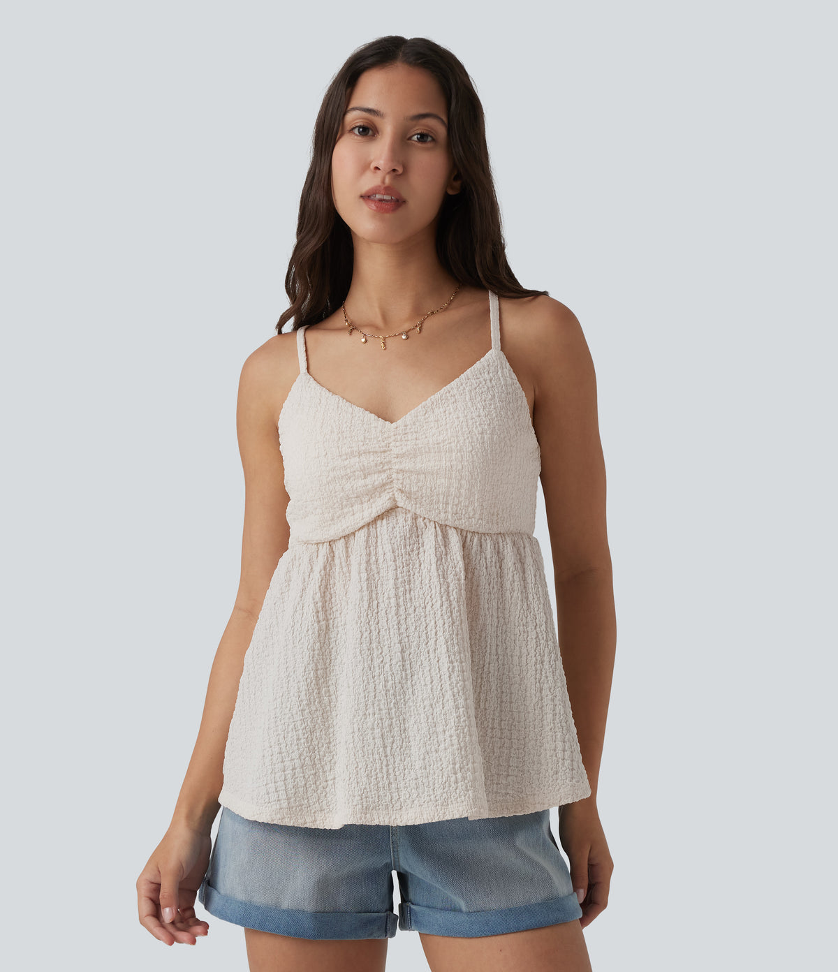 Built-in Bra V Neck Tank Top — White Sand — view 4