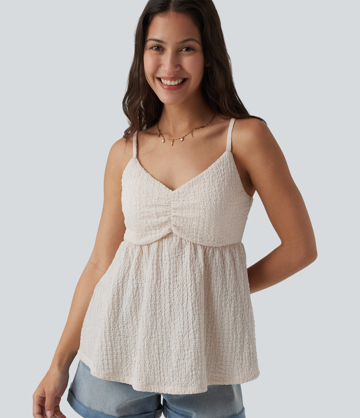 Built-in Bra V Neck Tank Top — White Sand — view 1