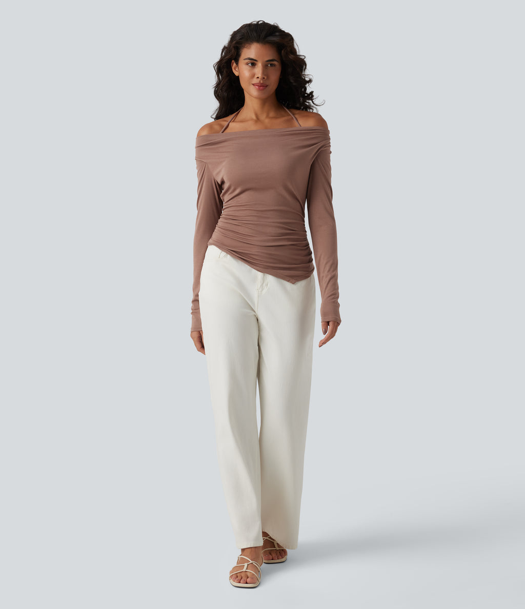 Ribbed Halter Off Shoulder Long Sleeve Ruched Asymmetric Hem Casual Top — Beaver Fur — view 6