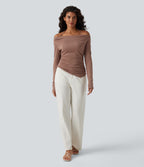 Ribbed Halter Off Shoulder Long Sleeve Ruched Asymmetric Hem Casual Top — Beaver Fur — view 6