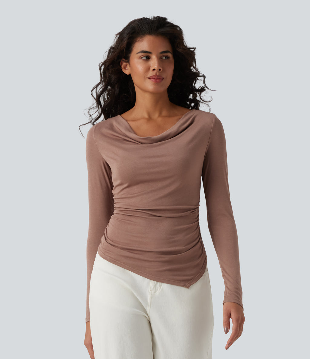 Ribbed Halter Off Shoulder Long Sleeve Ruched Asymmetric Hem Casual Top — Beaver Fur — view 5