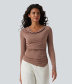 Ribbed Halter Off Shoulder Long Sleeve Ruched Asymmetric Hem Casual Top — Beaver Fur — view 5