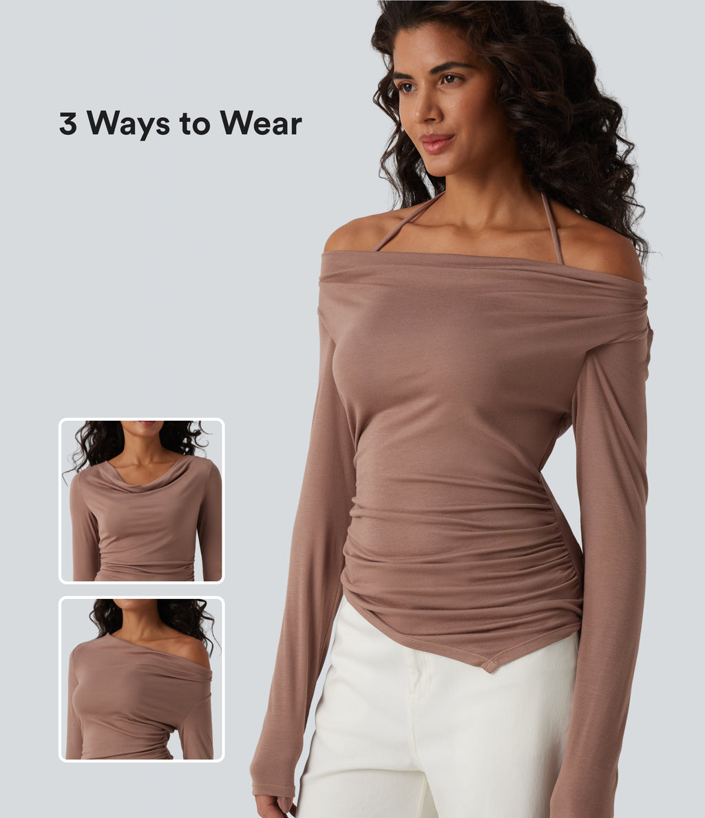 Ribbed Halter Off Shoulder Long Sleeve Ruched Asymmetric Hem Casual Top — Beaver Fur — view 1