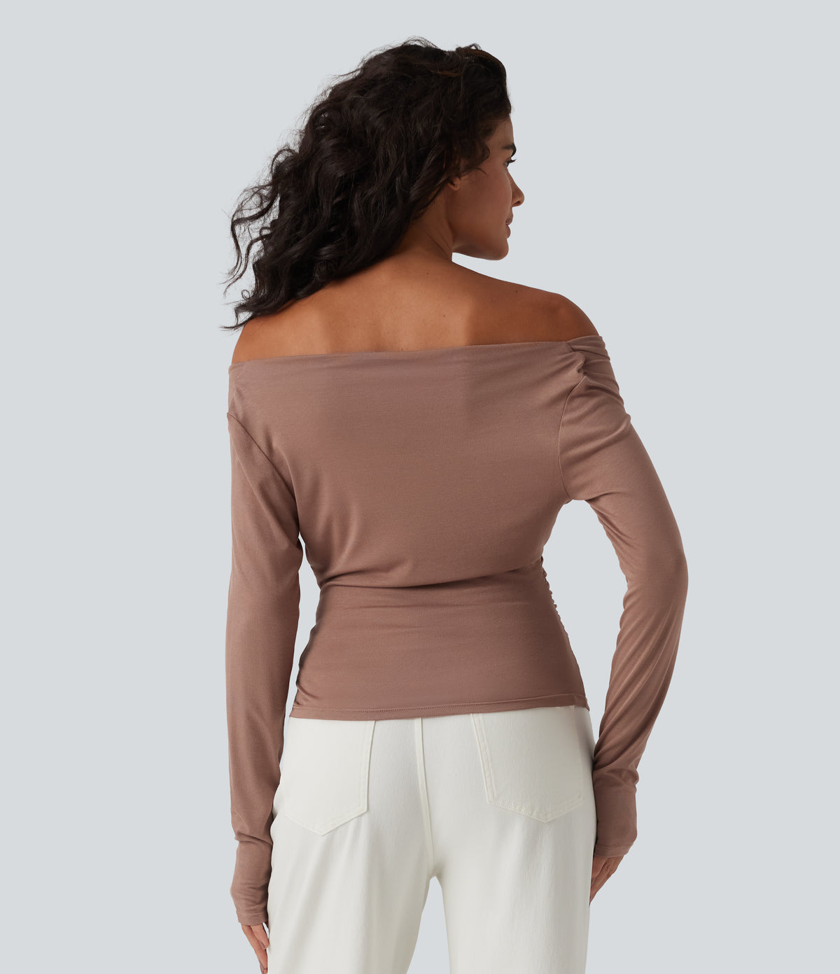 Ribbed Halter Off Shoulder Long Sleeve Ruched Asymmetric Hem Casual Top — Beaver Fur — view 2