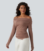 Ribbed Halter Off Shoulder Long Sleeve Ruched Asymmetric Hem Casual Top — Beaver Fur — view 3