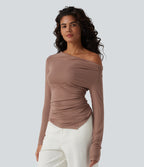 Ribbed Halter Off Shoulder Long Sleeve Ruched Asymmetric Hem Casual Top — Beaver Fur — view 4