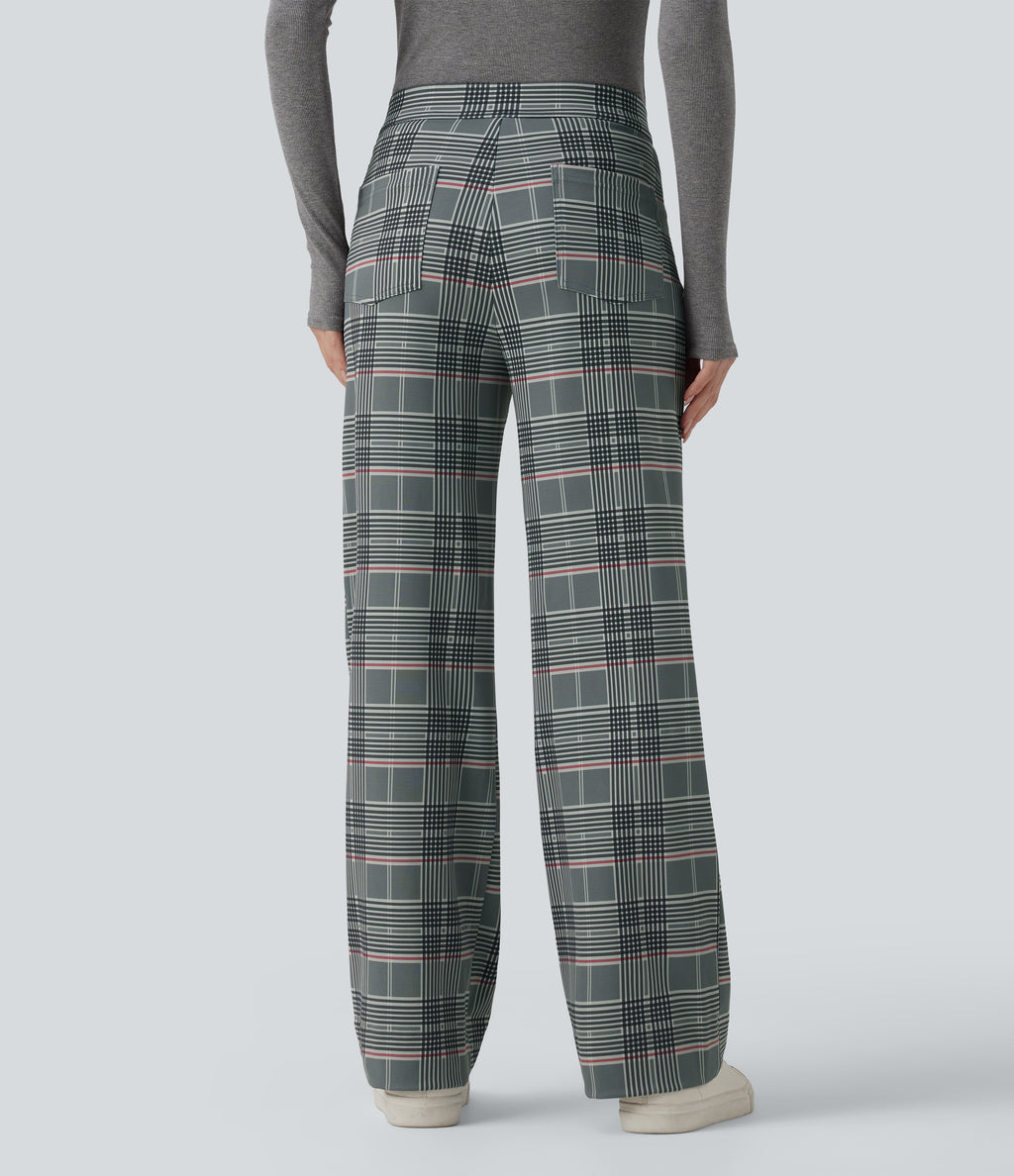 High Waisted Straight Leg Plaid Work Trousers with Pockets — Fireplace Plaid — view 2
