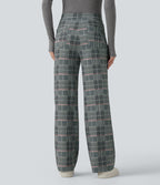 High Waisted Straight Leg Plaid Work Trousers with Pockets — Fireplace Plaid — view 2