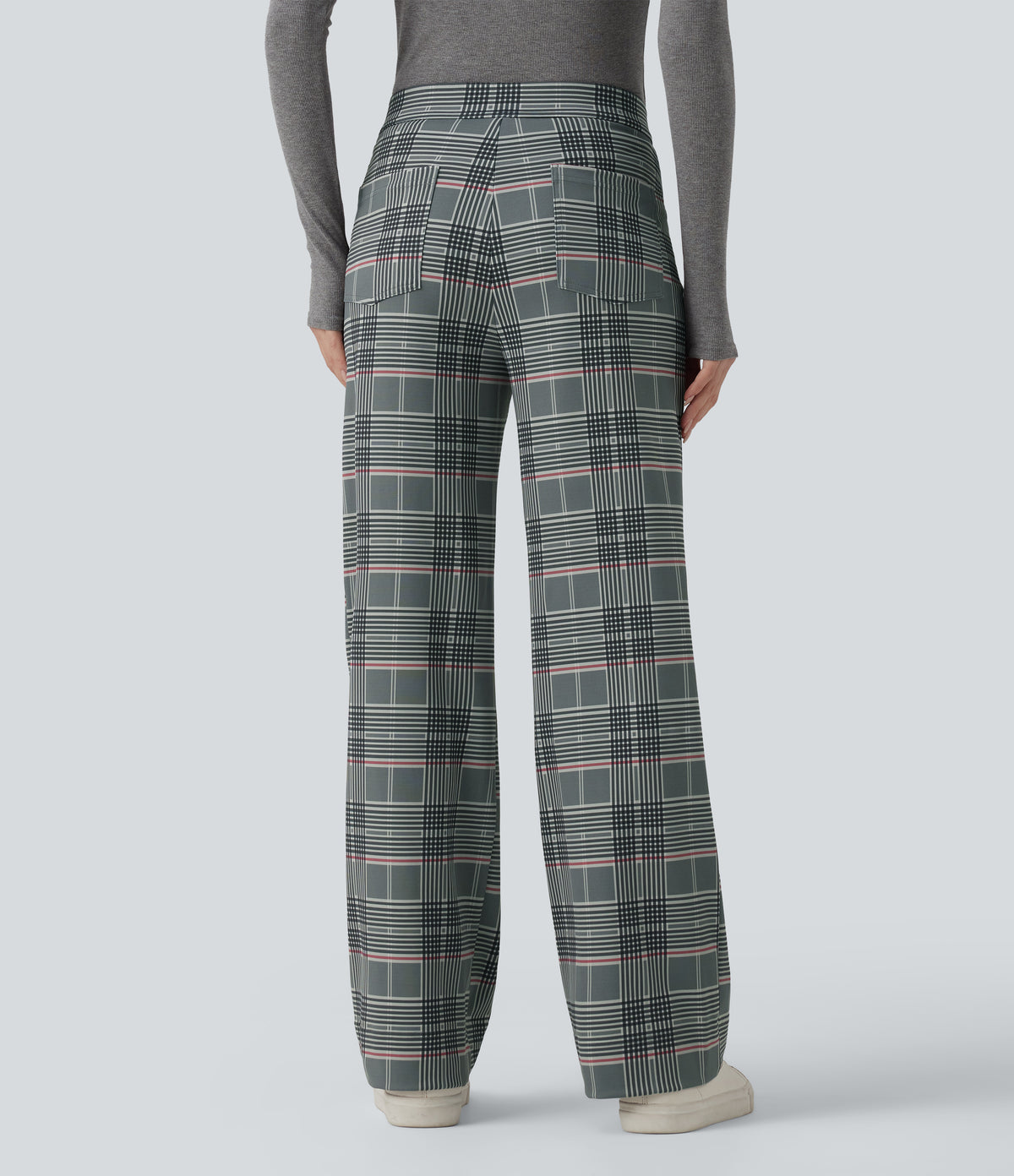 High Waisted Straight Leg Plaid Work Trousers with Pockets — Fireplace Plaid — view 2
