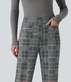 High Waisted Straight Leg Plaid Work Trousers with Pockets — Fireplace Plaid — view 4