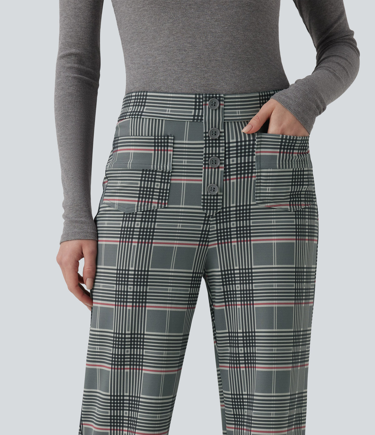 High Waisted Straight Leg Plaid Work Trousers with Pockets — Fireplace Plaid — view 4