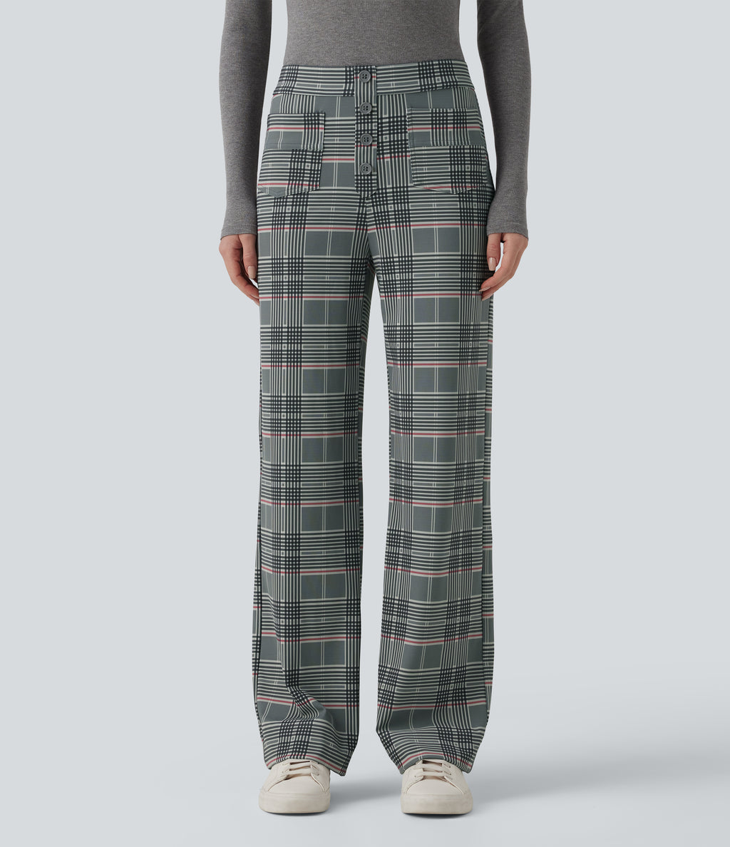 High Waisted Straight Leg Plaid Work Trousers with Pockets — Fireplace Plaid — view 1