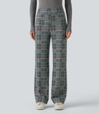 High Waisted Straight Leg Plaid Work Trousers with Pockets — Fireplace Plaid — view 1
