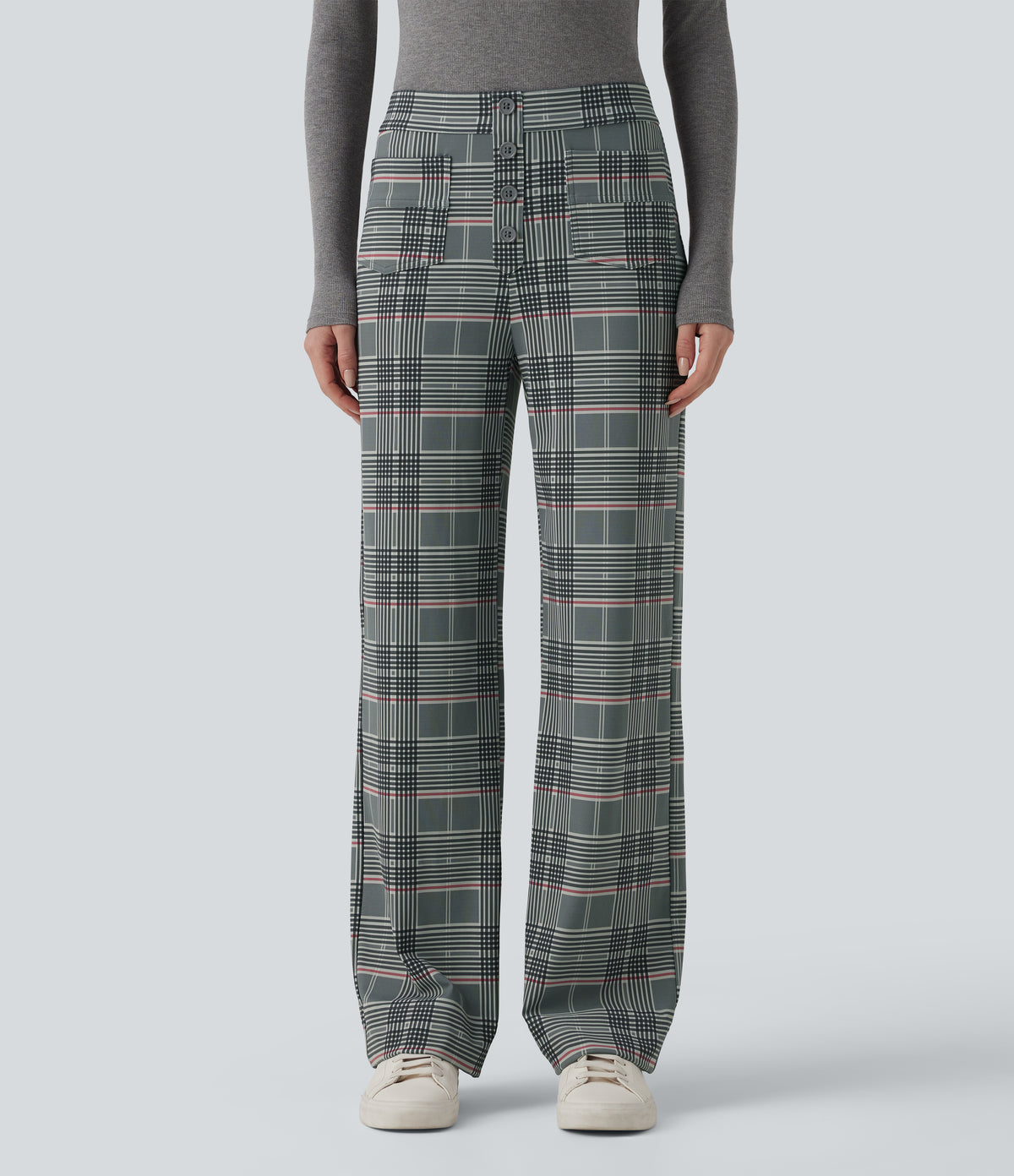 High Waisted Straight Leg Plaid Work Trousers with Pockets — Fireplace Plaid — view 1
