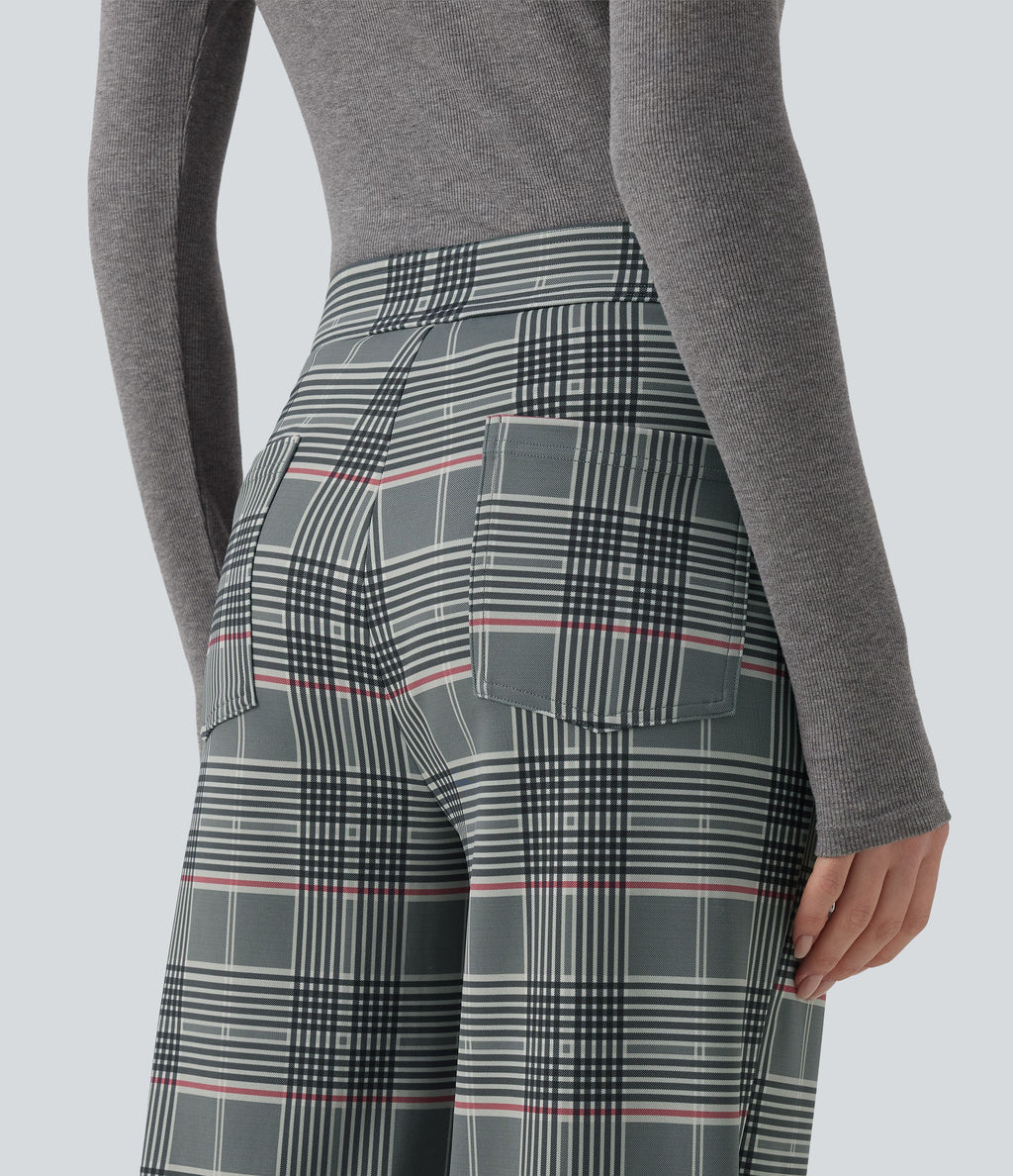 High Waisted Straight Leg Plaid Work Trousers with Pockets — Fireplace Plaid — view 5