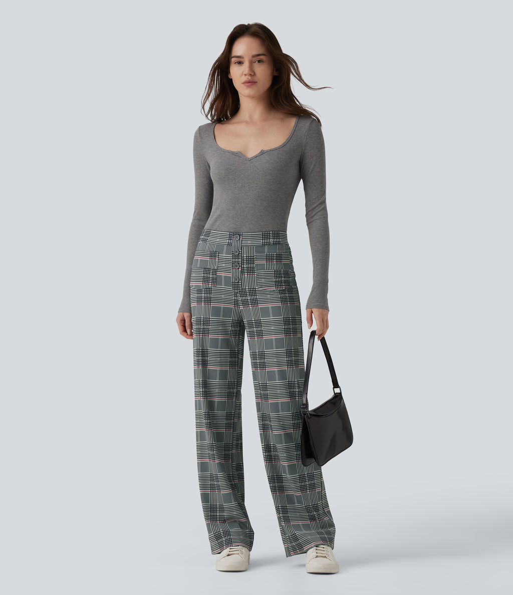 High Waisted Straight Leg Plaid Work Trousers with Pockets — Fireplace Plaid — view 6