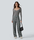 High Waisted Straight Leg Plaid Work Trousers with Pockets — Fireplace Plaid — view 6