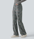 High Waisted Straight Leg Plaid Work Trousers with Pockets — Fireplace Plaid — view 3