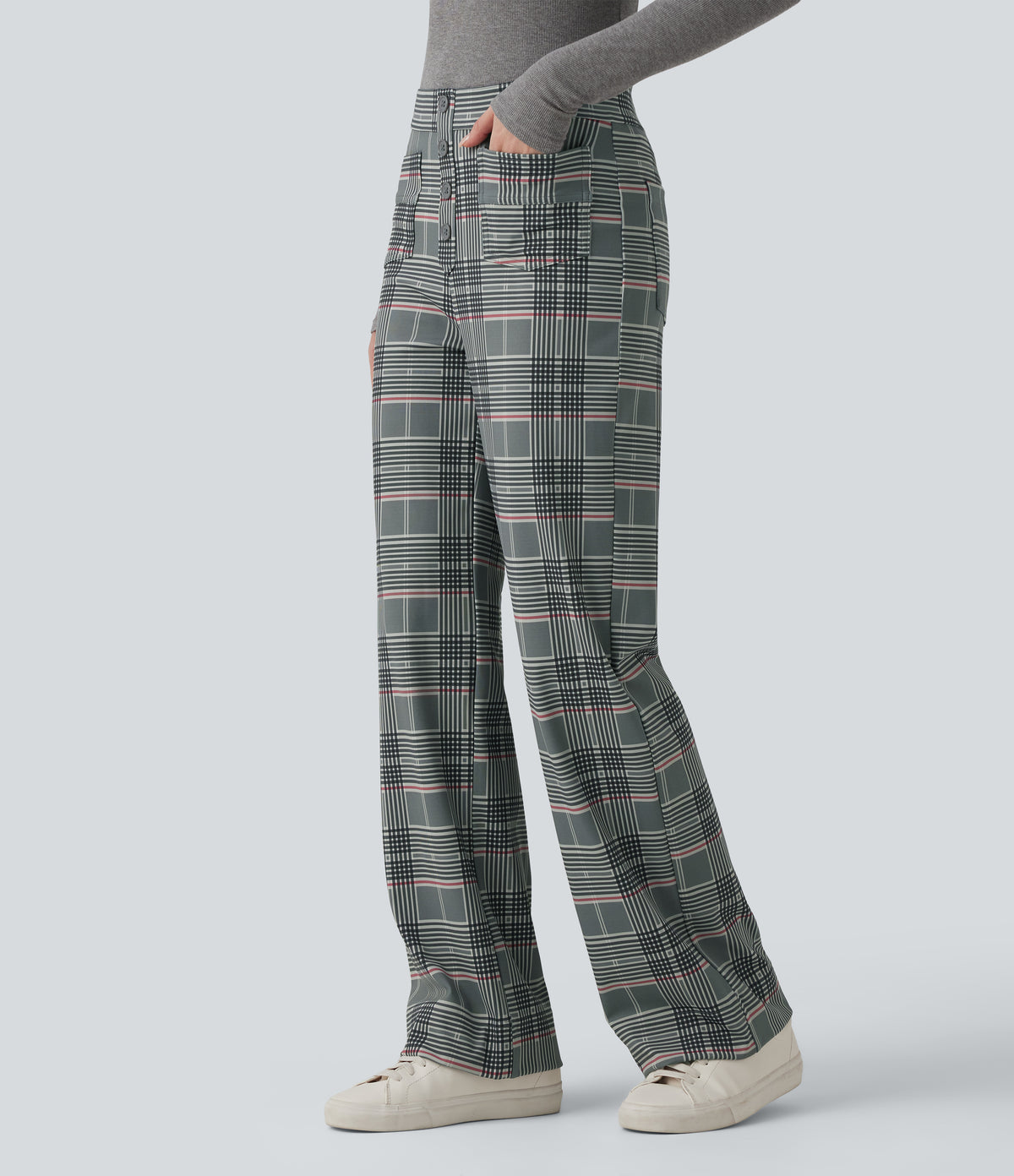 High Waisted Straight Leg Plaid Work Trousers with Pockets — Fireplace Plaid — view 3