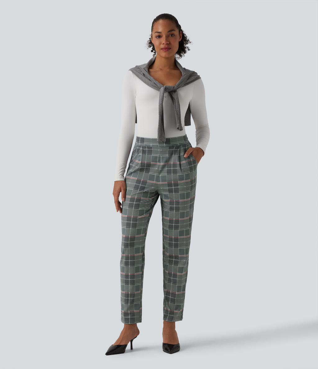 High Waisted Tapered Plaid Work Trousers with Pockets — Fireplace Plaid — view 5
