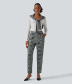 High Waisted Tapered Plaid Work Trousers with Pockets — Fireplace Plaid — view 5