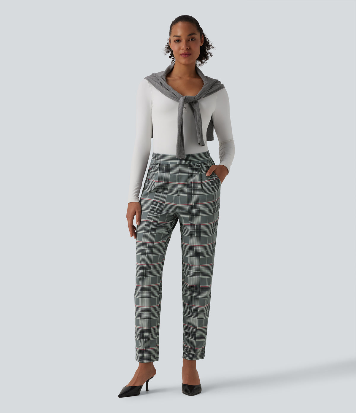 High Waisted Tapered Plaid Work Trousers with Pockets — Fireplace Plaid — view 5