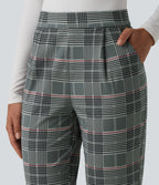 High Waisted Tapered Plaid Work Trousers with Pockets — Fireplace Plaid — view 4