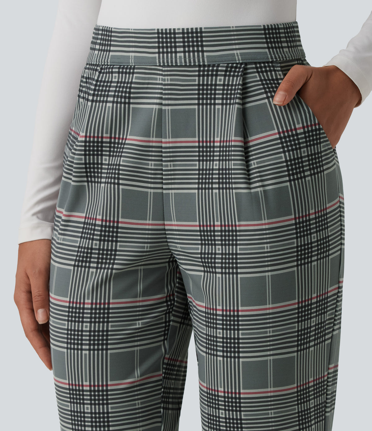 High Waisted Tapered Plaid Work Trousers with Pockets — Fireplace Plaid — view 4