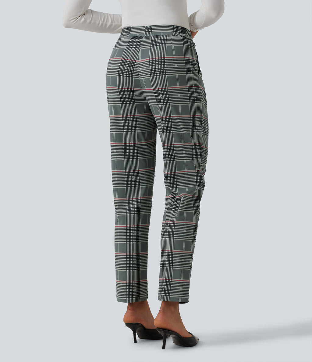 High Waisted Tapered Plaid Work Trousers with Pockets — Fireplace Plaid — view 2