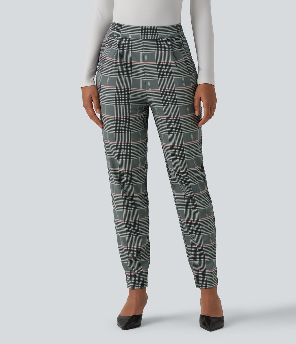High Waisted Tapered Plaid Work Trousers with Pockets — Fireplace Plaid — view 1